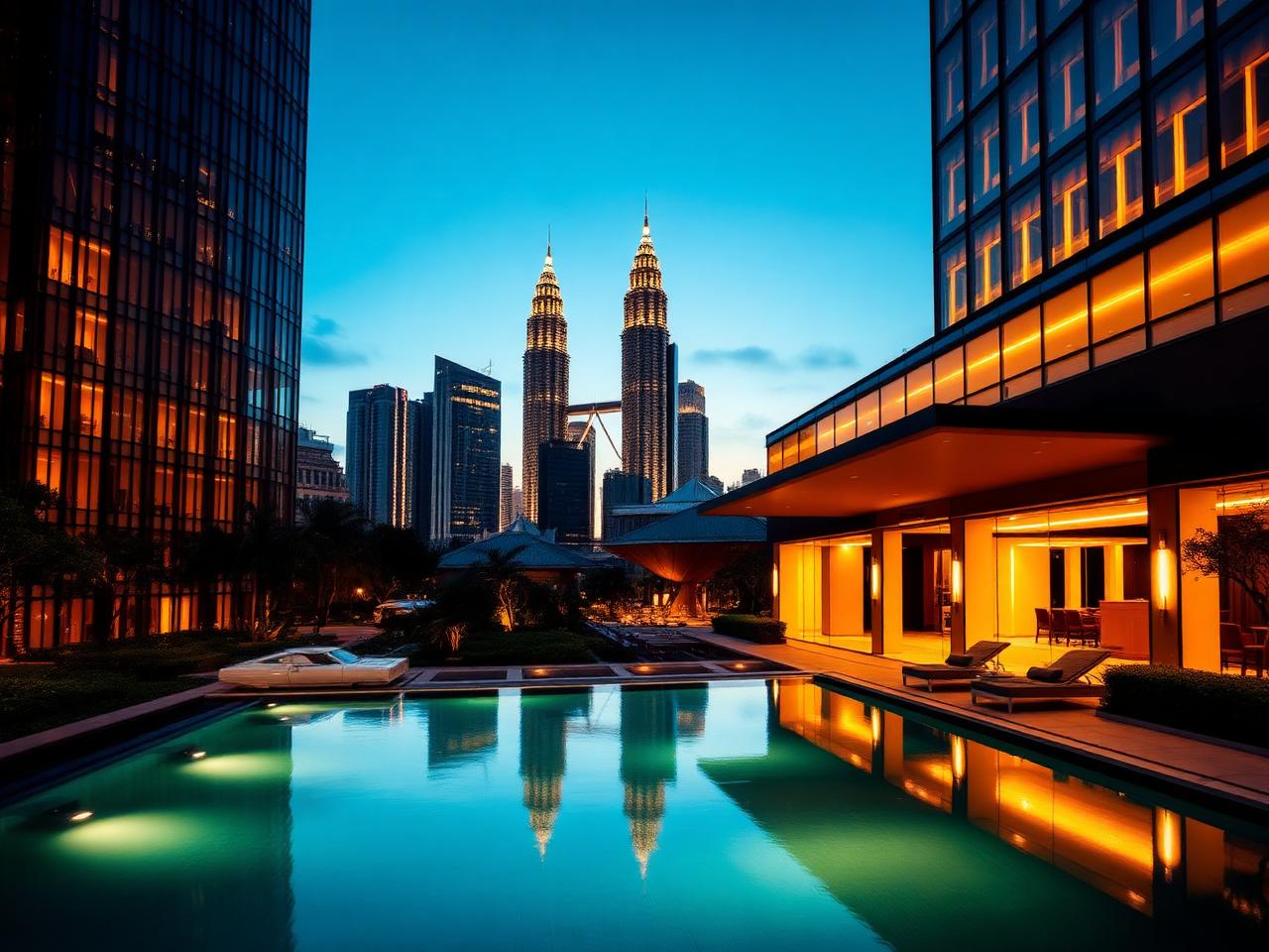 Mandarin Oriental Kuala Lumpur at dusk with KLCC skyline